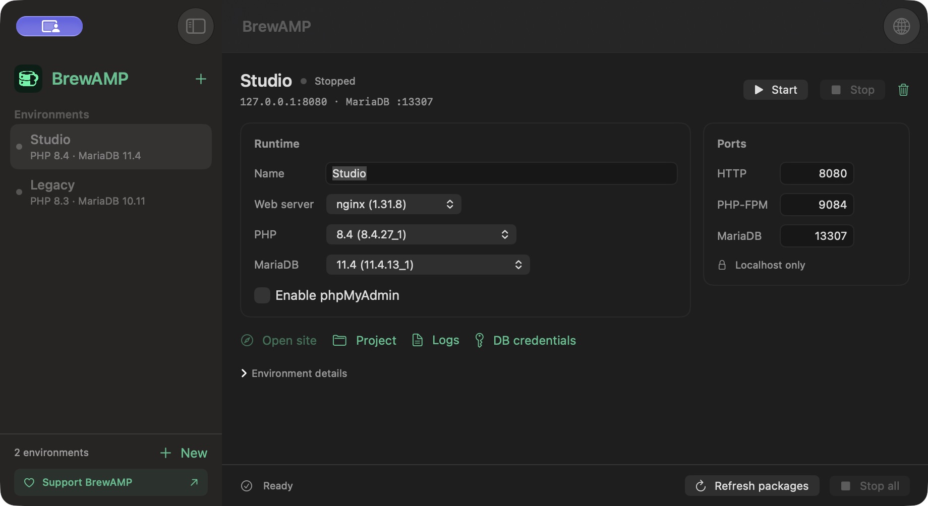 BrewAMP mit getrennten Studio- und Legacy-Umgebungen sowie auswählbaren PHP-, MariaDB- und Webserver-Versionen.